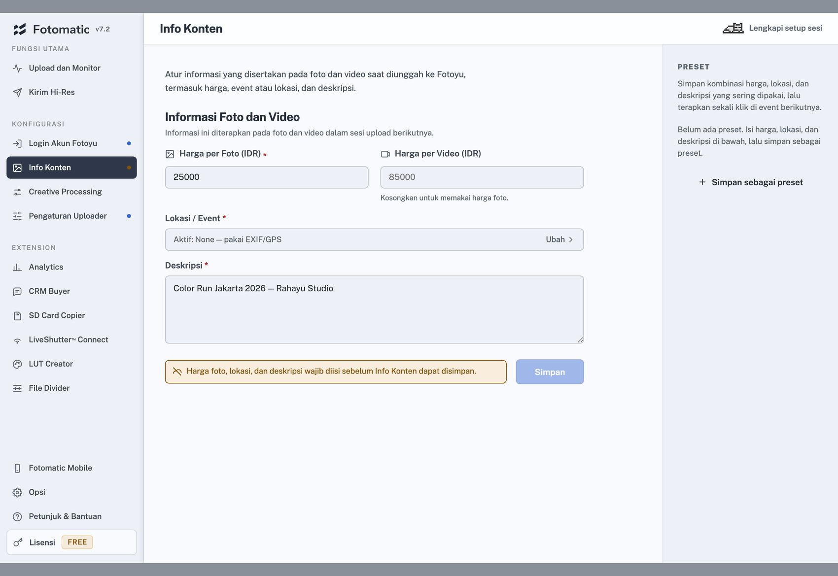Mengisi harga, lokasi, dan deskripsi